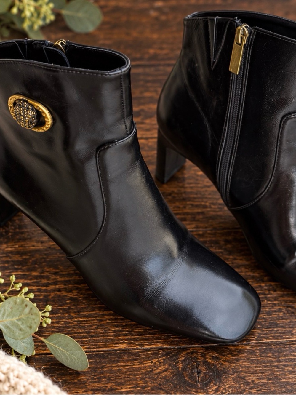 Kurt Geiger Black Leather Ankle Booties with Gold Medallion